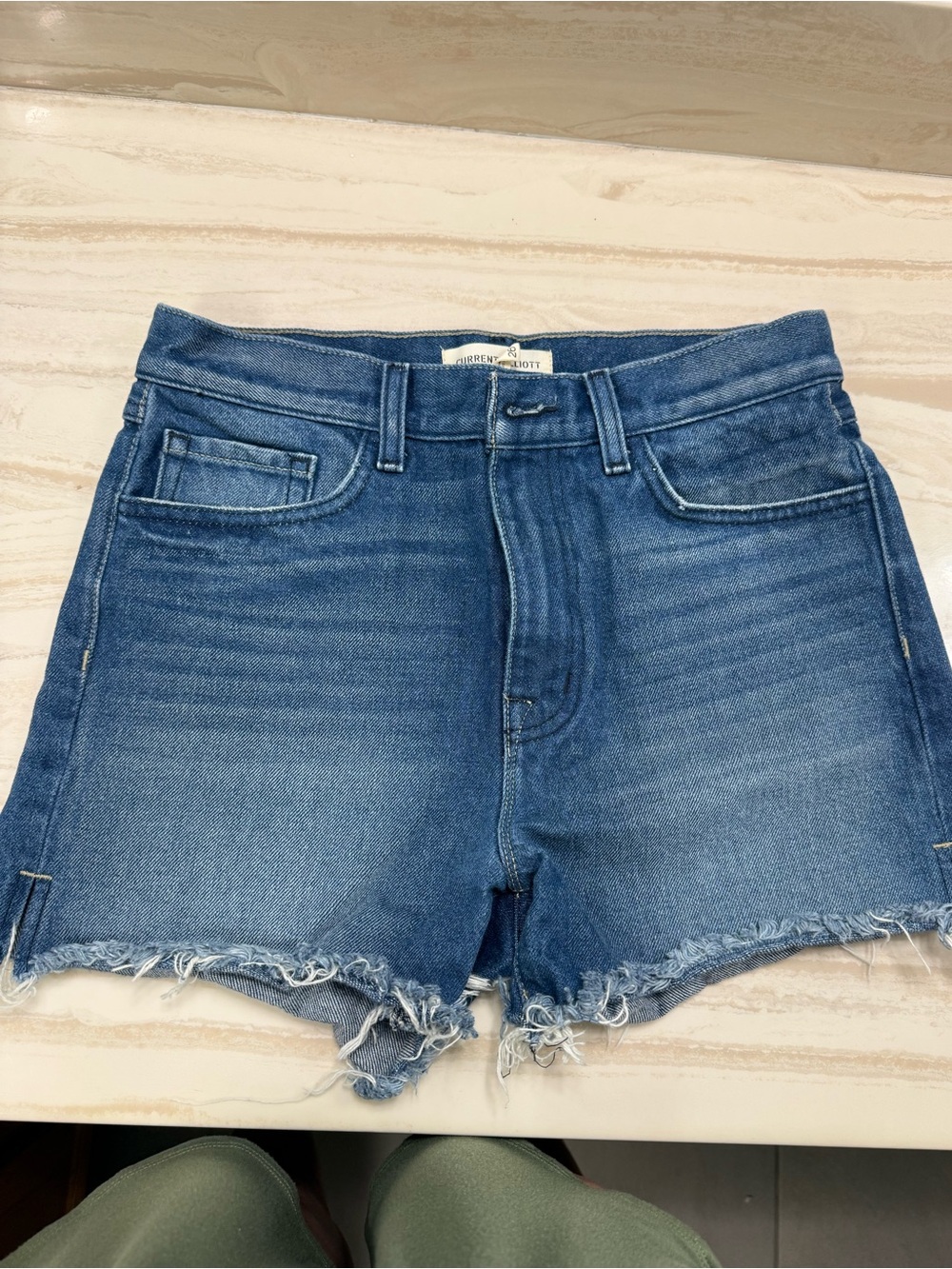 Current/Elliott Mid-Blue Frayed Hem Denim Shorts